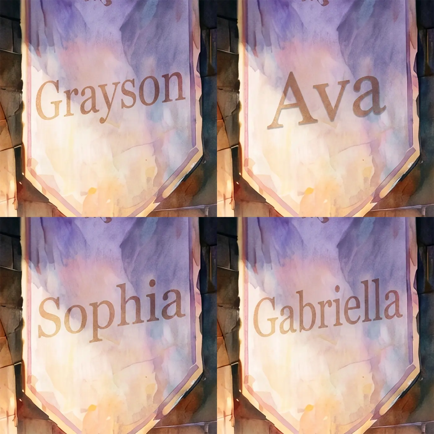 Four name preview examples of Royal Throne Room Personalized Wall Mural by Whimsy Tots