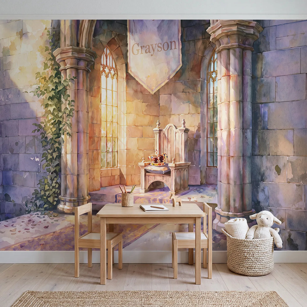 Royal Throne Room Personalized Wall Mural in playroom setting by Whimsy Tots