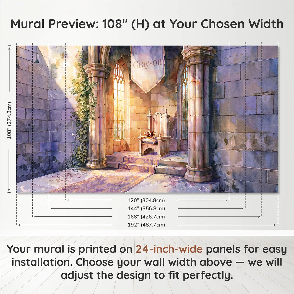 Panel layout and dimensions for Royal Throne Room Personalized Wall Mural by Whimsy Tots