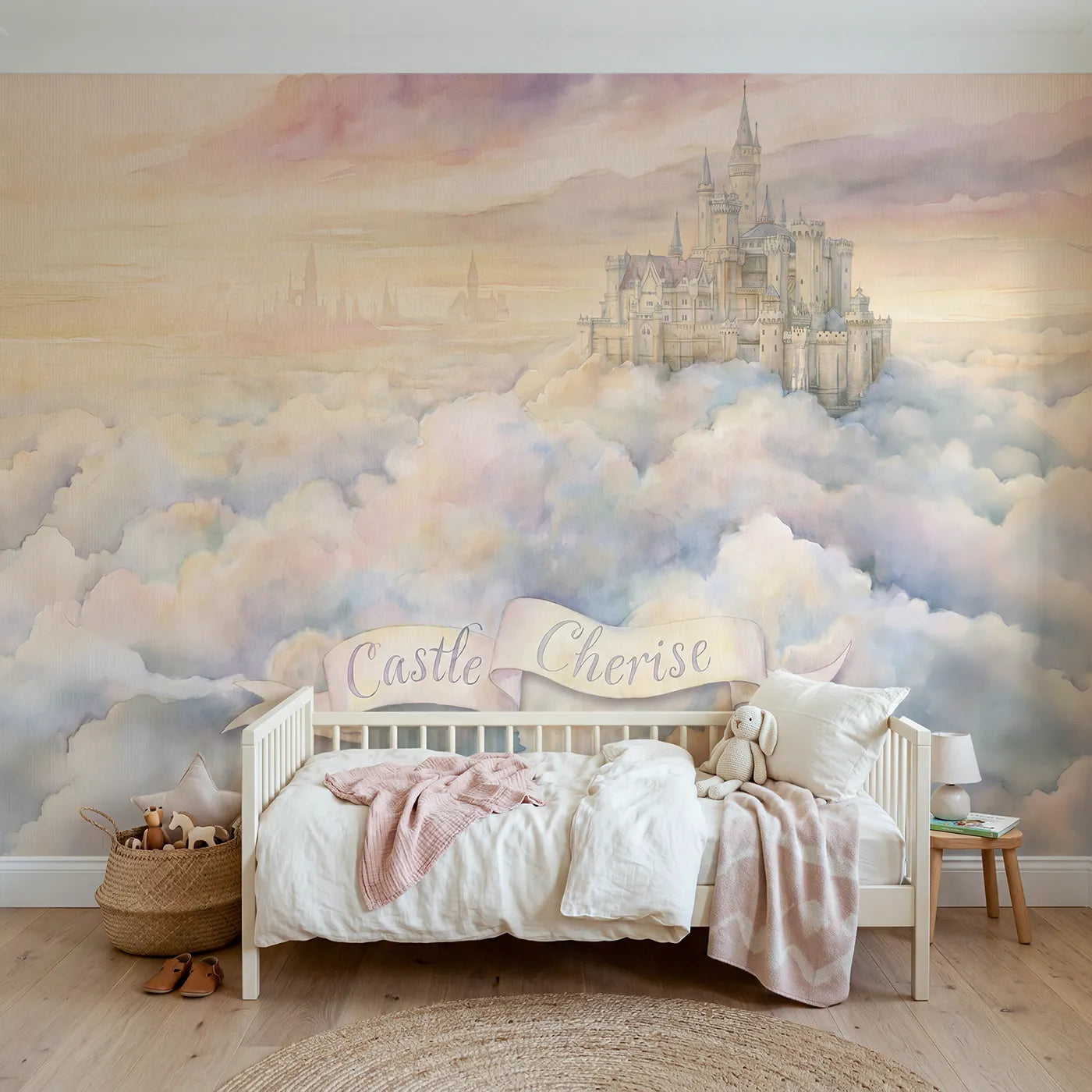 Watercolor cloud castle personalized wall mural with name ribbon for a nursery by Whimsy Tots
