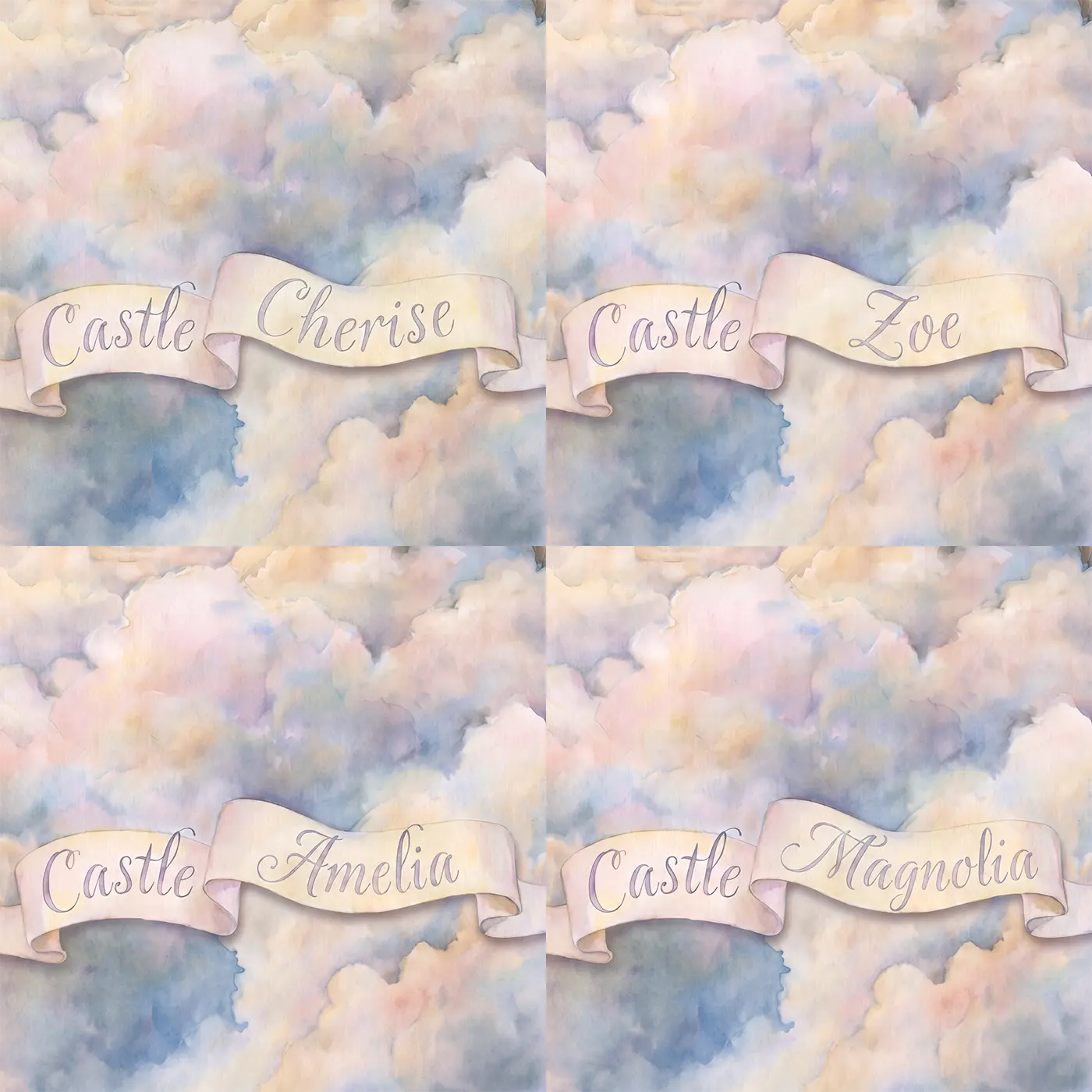 Four name preview examples of Dreamy Cloud Castle Personalized Wall Mural by Whimsy Tots