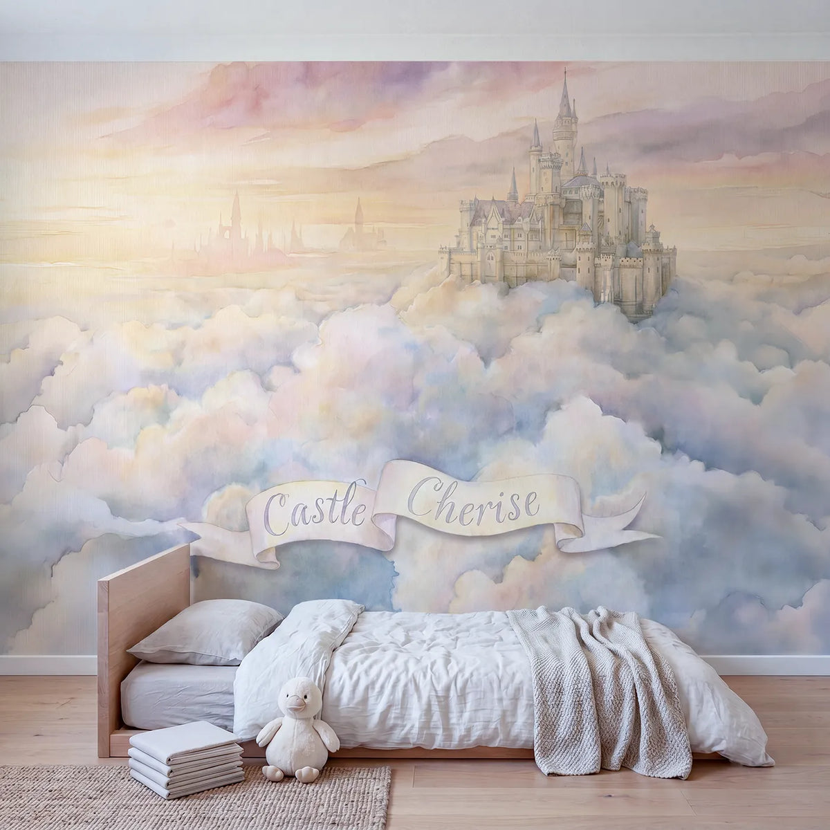 Dreamy Cloud Castle Personalized Wall Mural in playroom setting by Whimsy Tots