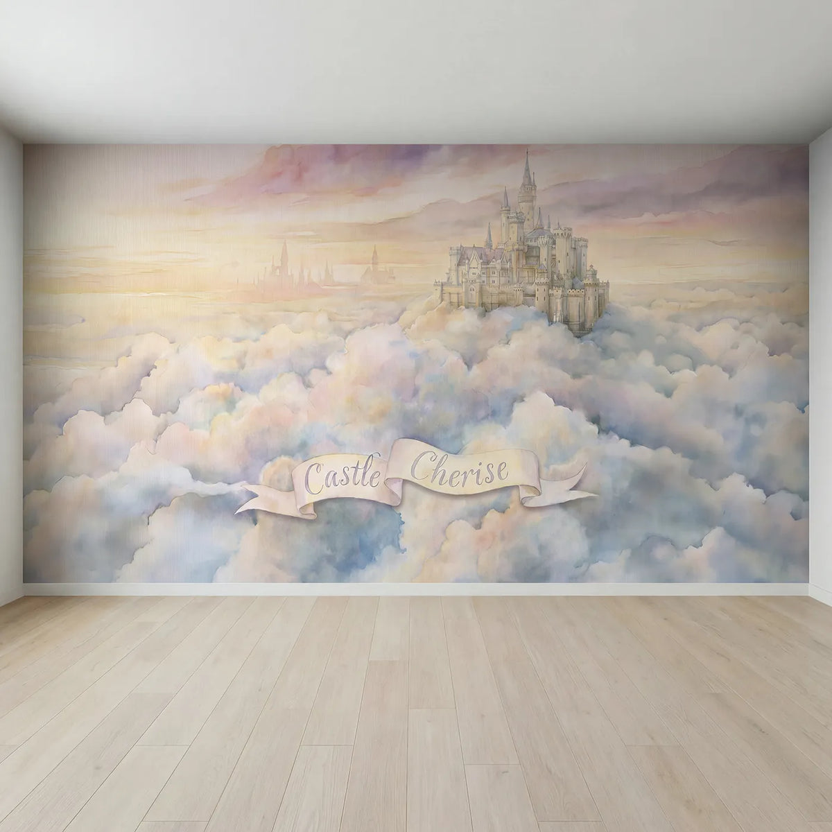 Full view of Dreamy Cloud Castle Personalized Wall Mural by Whimsy Tots
