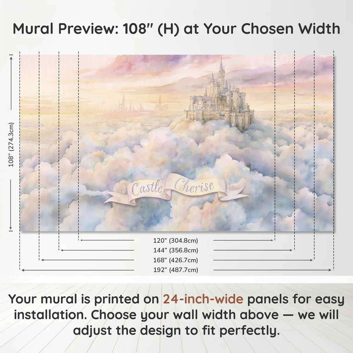 Panel layout and dimensions for Dreamy Cloud Castle Personalized Wall Mural by Whimsy Tots