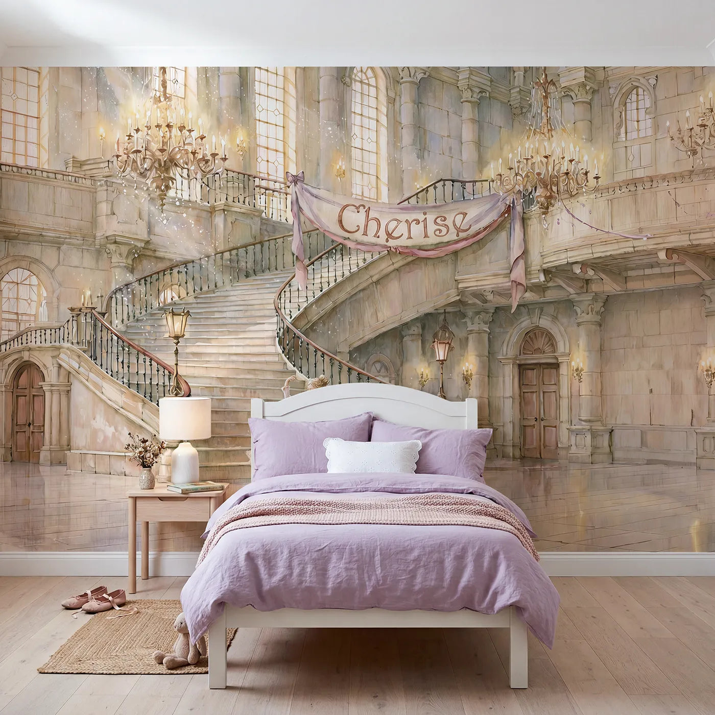 Storybook castle ballroom personalized wall mural with name banner for a girls room by Whimsy Tots