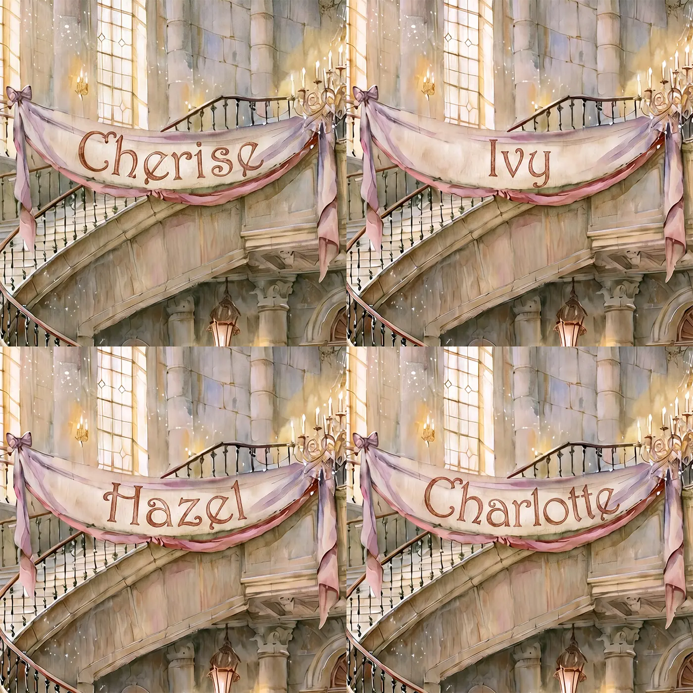 Four name preview examples of Princess Castle Ballroom Personalized Wall Mural by Whimsy Tots