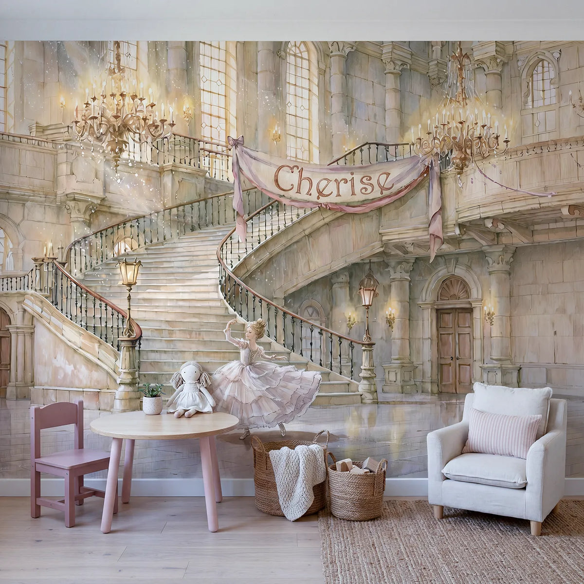 Princess Castle Ballroom Personalized Wall Mural in playroom setting by Whimsy Tots