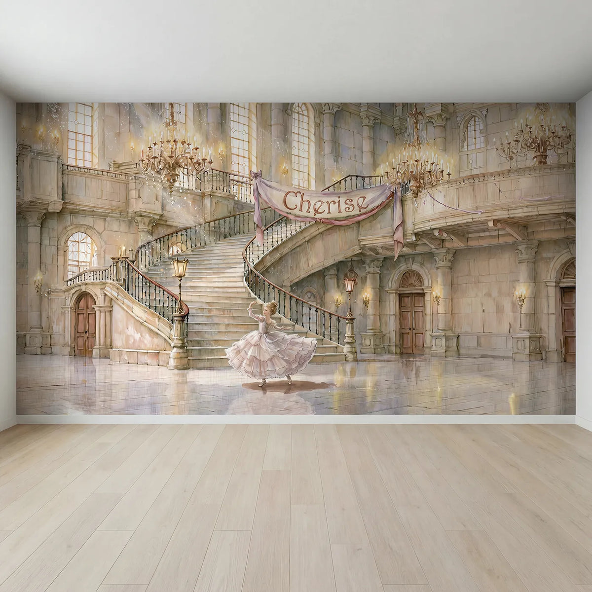 Full view of Princess Castle Ballroom Personalized Wall Mural by Whimsy Tots
