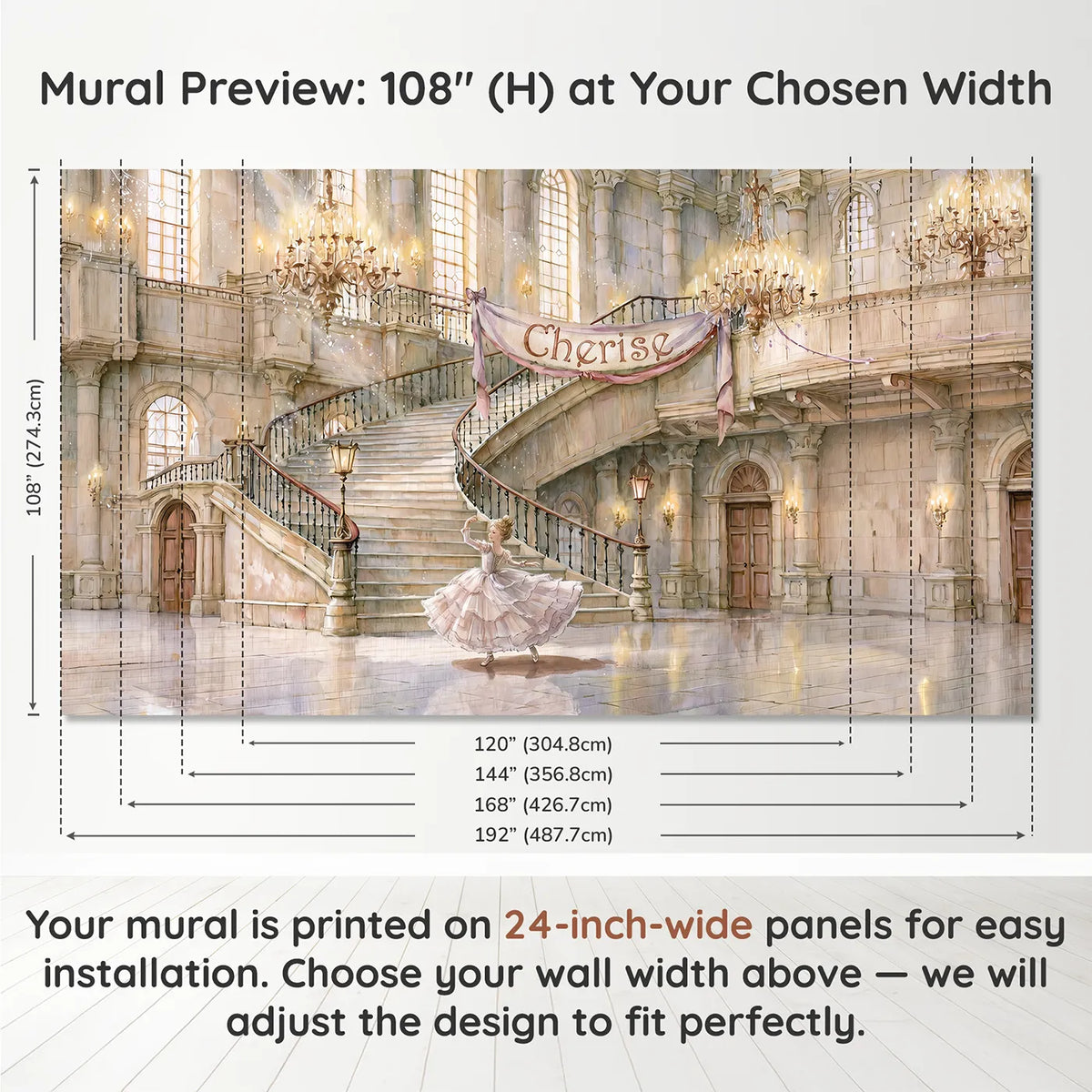 Panel layout and dimensions for Princess Castle Ballroom Personalized Wall Mural by Whimsy Tots