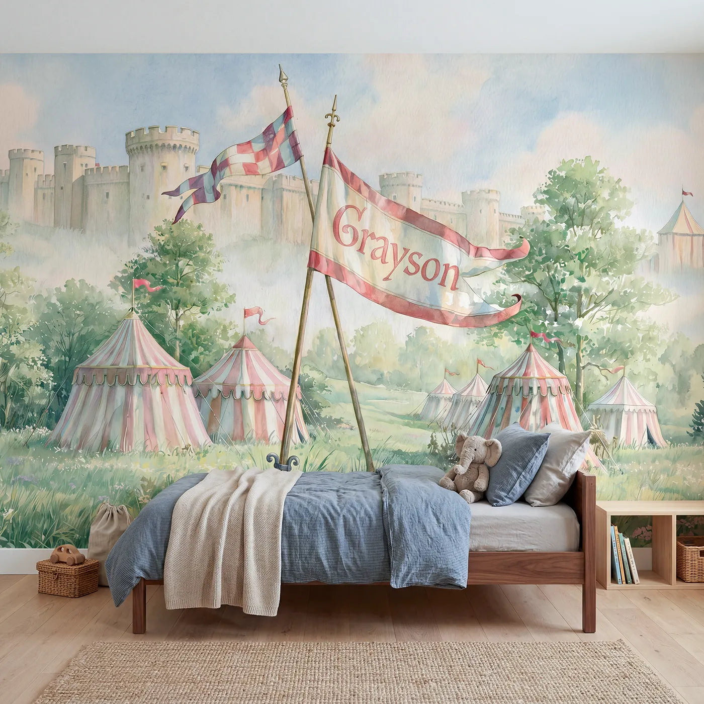 Storybook jousting meadow personalized wall mural with name flag for a boys room by Whimsy Tots