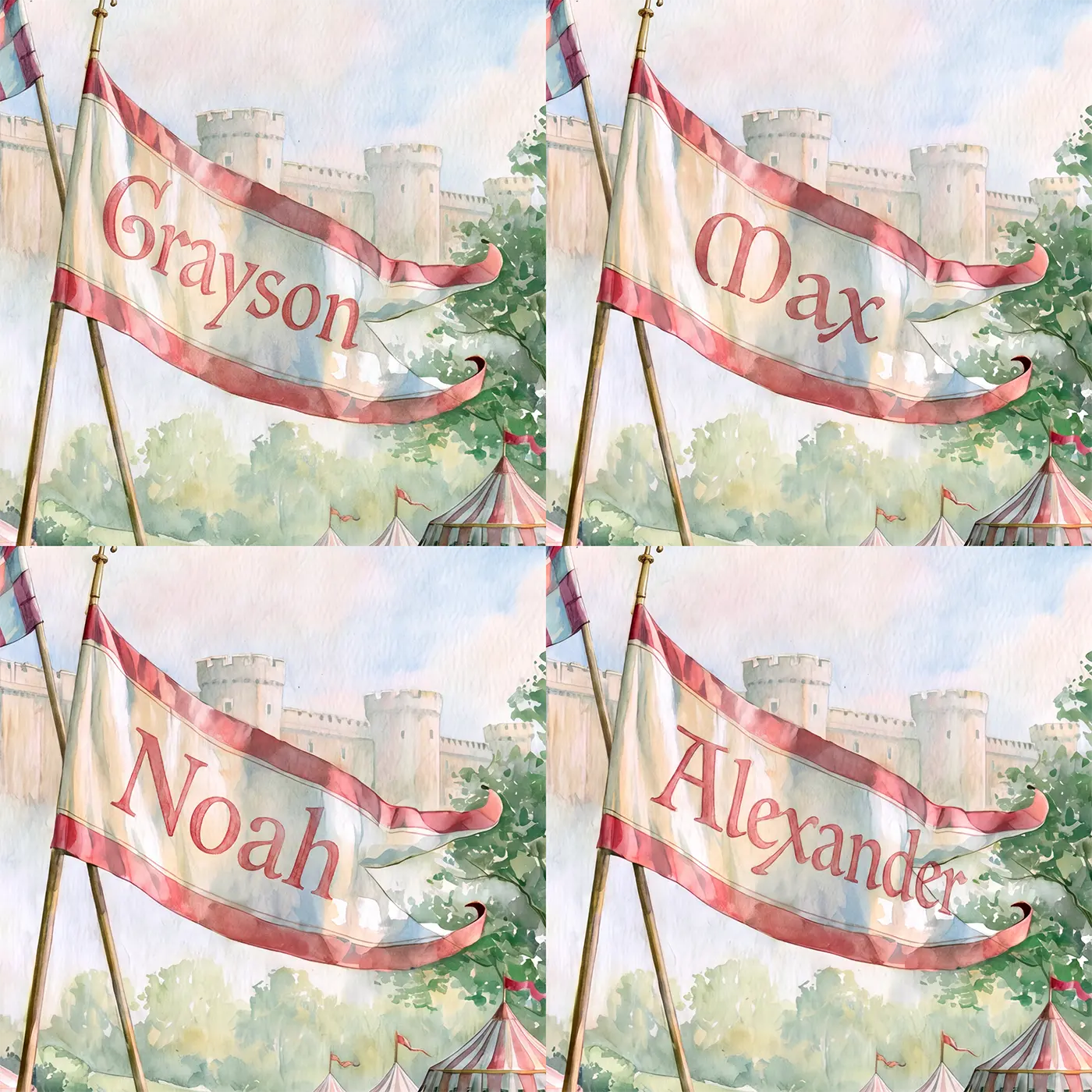 Four name preview examples of Jousting Tournament Meadow Personalized Wall Mural by Whimsy Tots