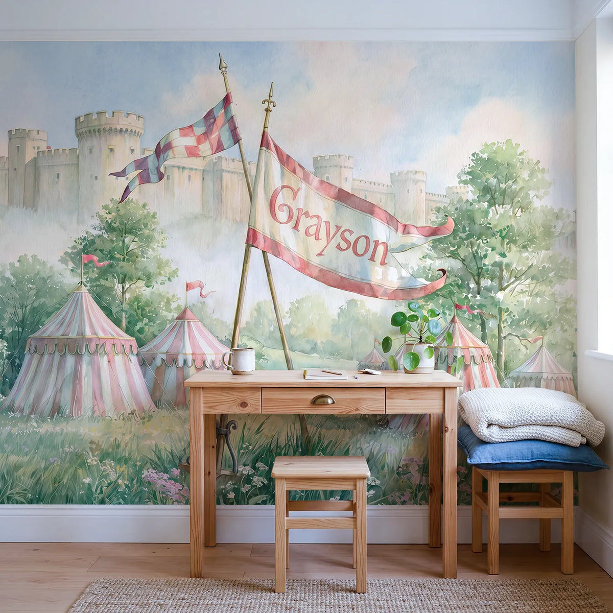 Jousting Tournament Meadow Personalized Wall Mural in playroom setting by Whimsy Tots