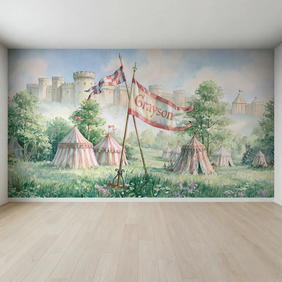 Full view of Jousting Tournament Meadow Personalized Wall Mural by Whimsy Tots