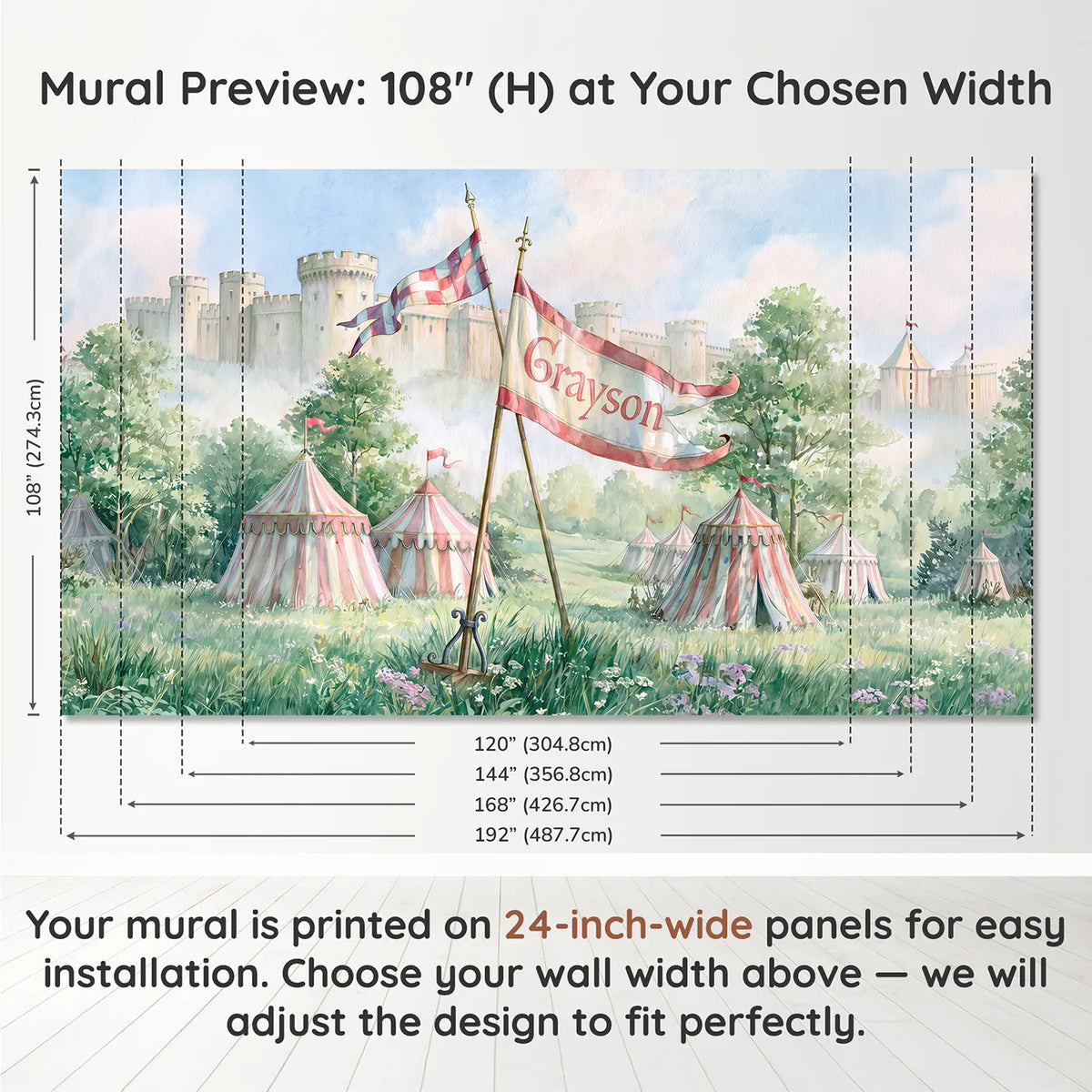 Panel layout and dimensions for Jousting Tournament Meadow Personalized Wall Mural by Whimsy Tots