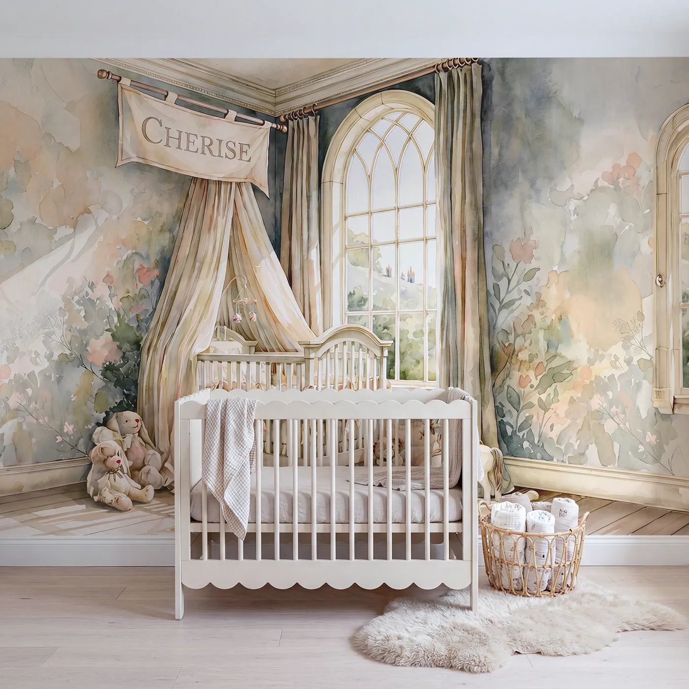 Watercolor castle nursery personalized wall mural with name banner for babies by Whimsy Tots