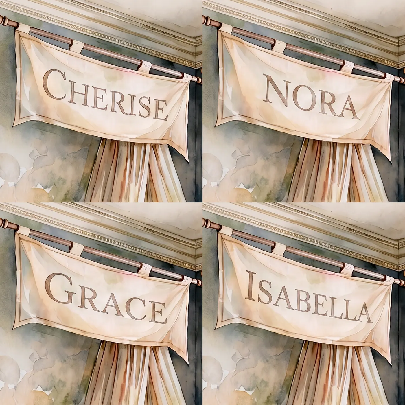 Four name preview examples of Royal Castle Nursery Personalized Wall Mural by Whimsy Tots
