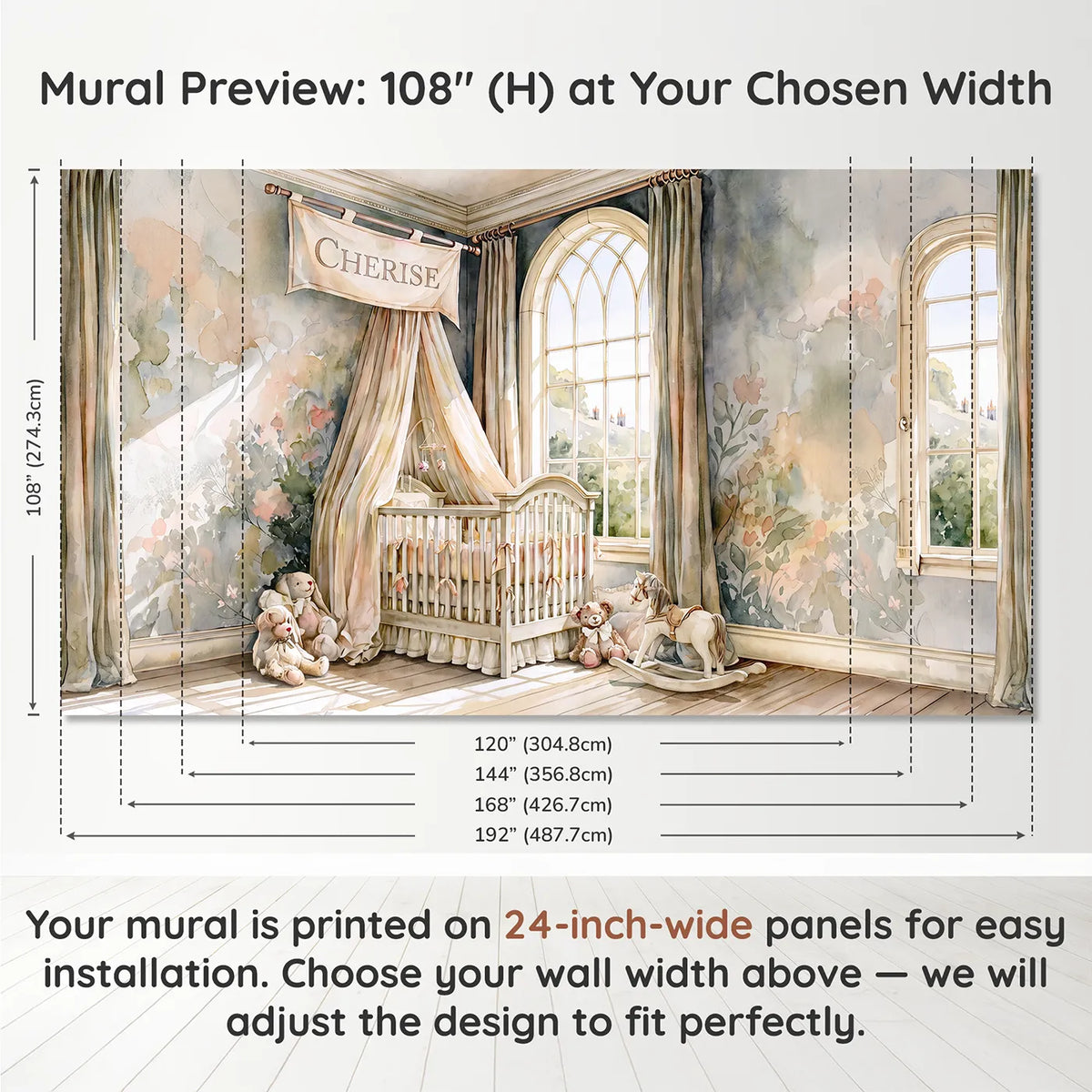 Panel layout and dimensions for Royal Castle Nursery Personalized Wall Mural by Whimsy Tots