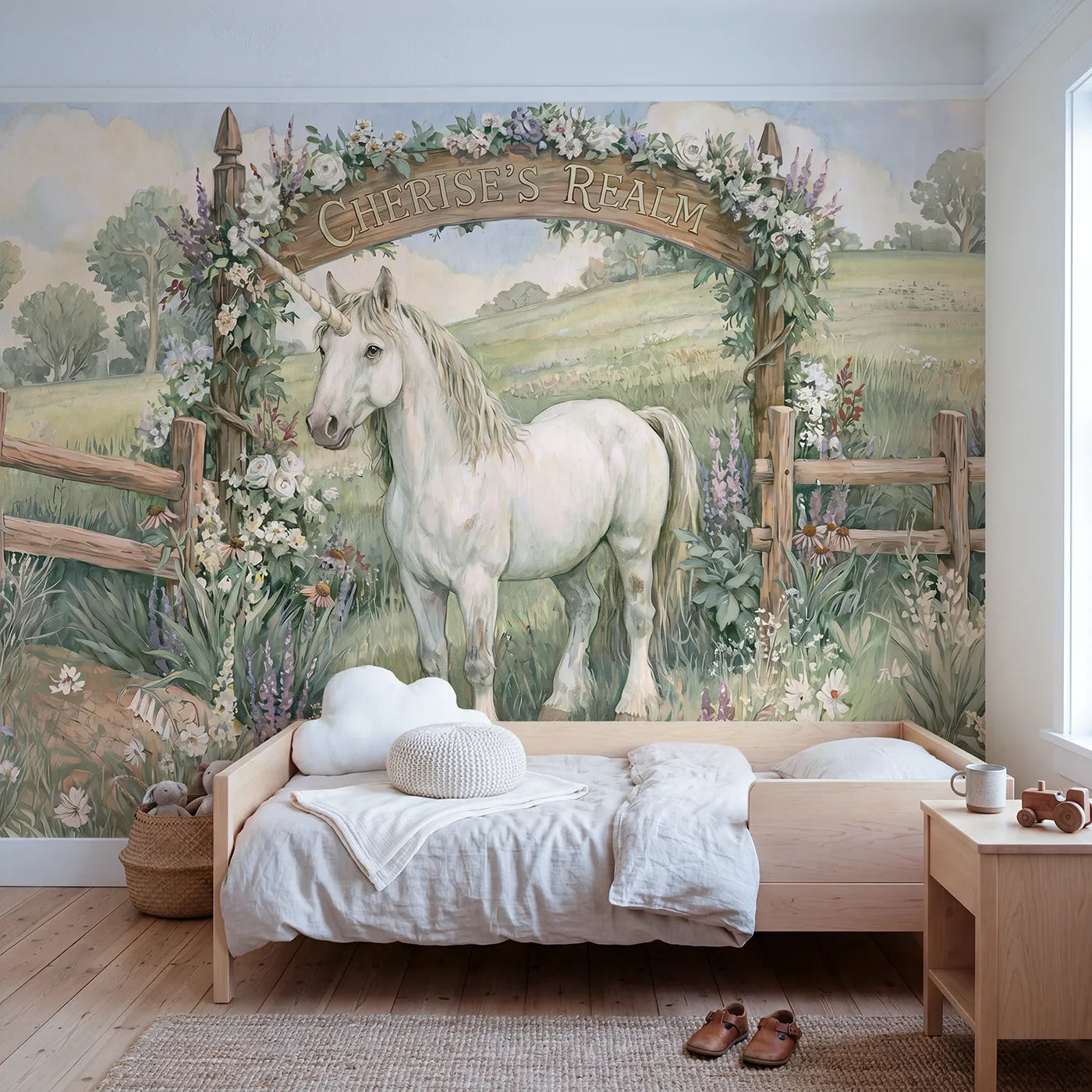 Storybook unicorn meadow personalized wall mural with name archway for a kids room by Whimsy Tots