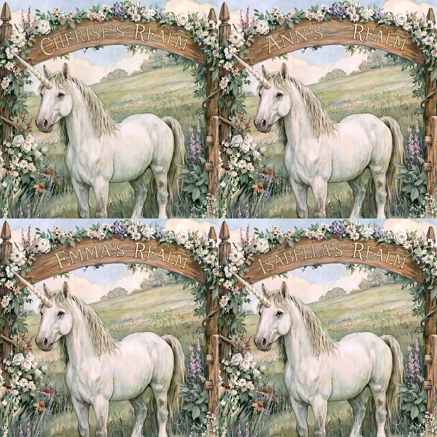Four name preview examples of Magical Unicorn Meadow Personalized Wall Mural by Whimsy Tots