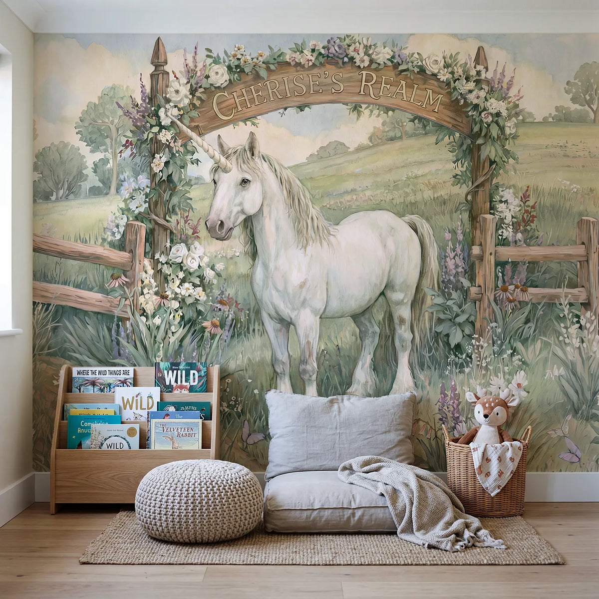 Magical Unicorn Meadow Personalized Wall Mural in playroom setting by Whimsy Tots