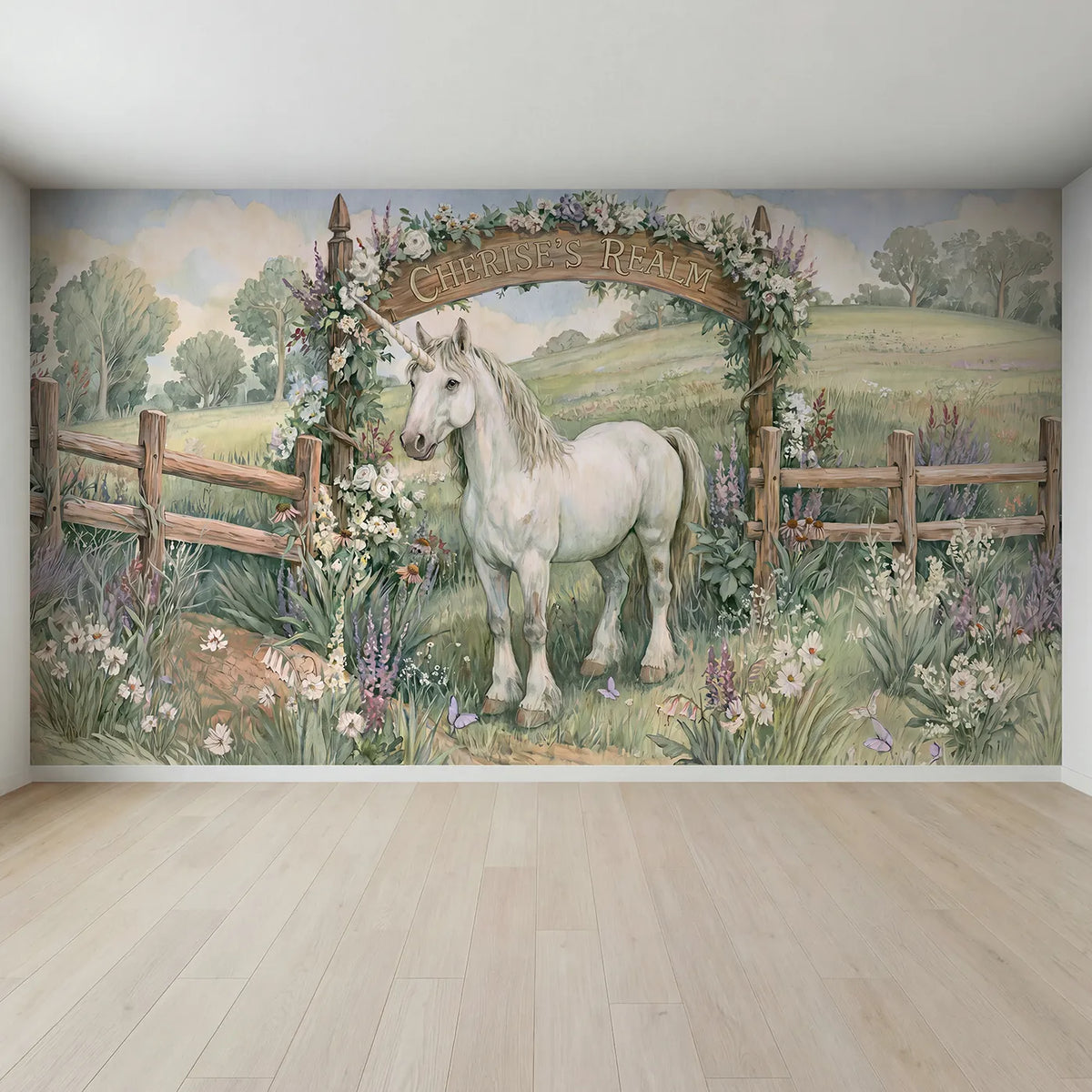 Full view of Magical Unicorn Meadow Personalized Wall Mural by Whimsy Tots