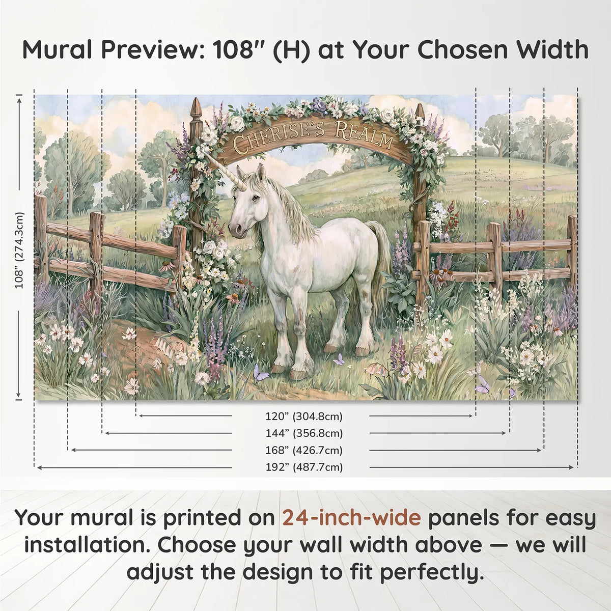 Panel layout and dimensions for Magical Unicorn Meadow Personalized Wall Mural by Whimsy Tots