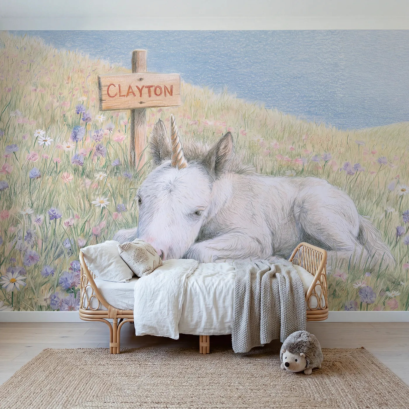 Colored Pencil baby unicorn personalized wall mural with name post for a nursery by Whimsy Tots