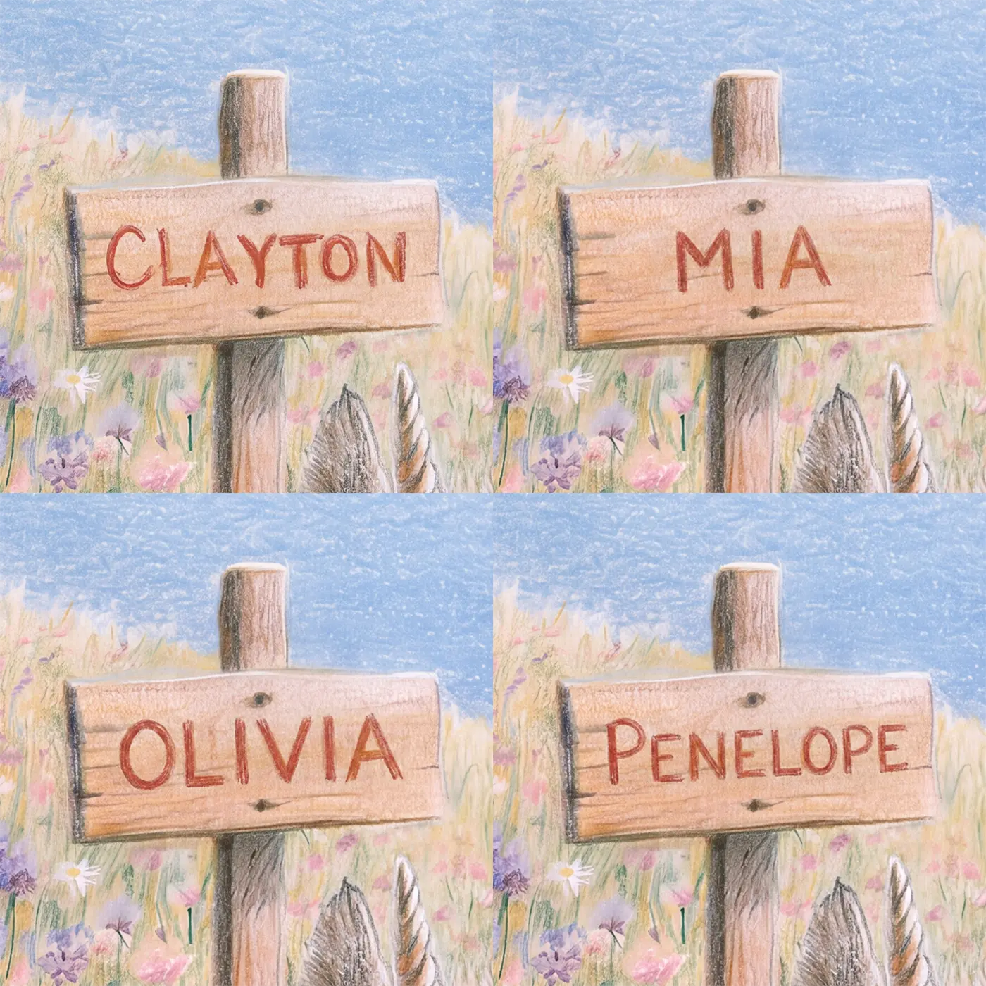 Four name preview examples of Baby Unicorn Foal Personalized Wall Mural by Whimsy Tots