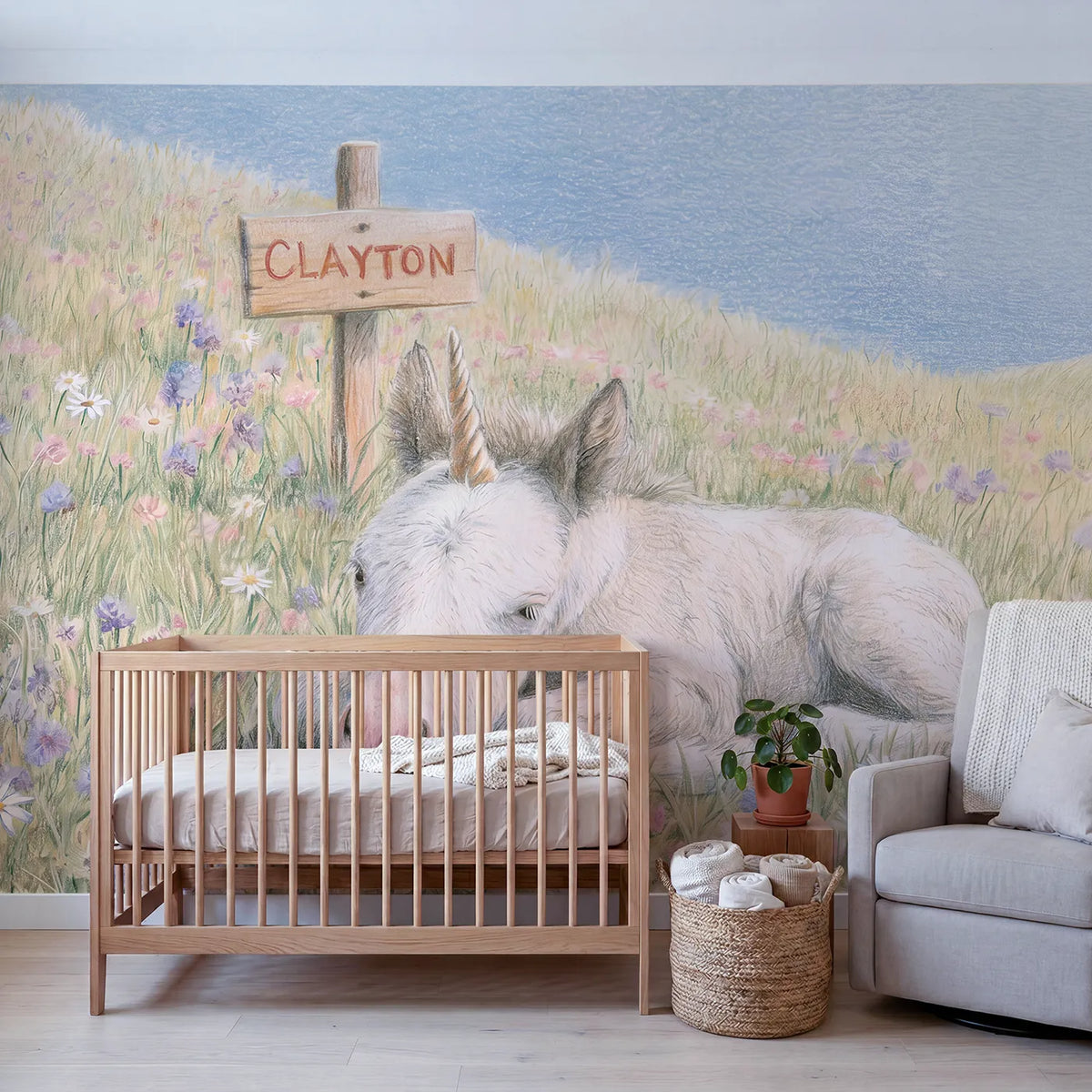 Baby Unicorn Foal Personalized Wall Mural in playroom setting by Whimsy Tots