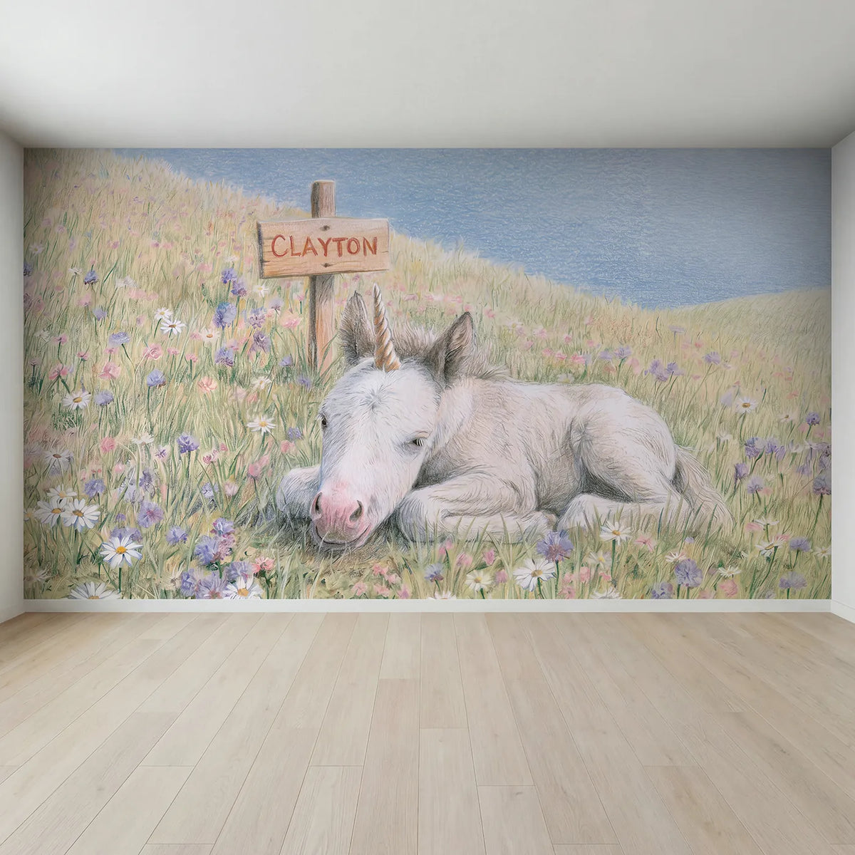 Full view of Baby Unicorn Foal Personalized Wall Mural by Whimsy Tots