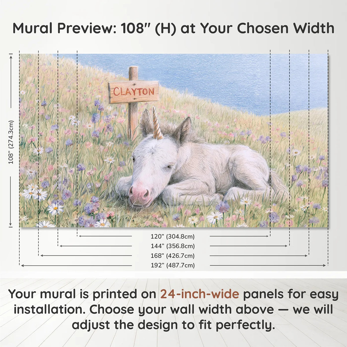 Panel layout and dimensions for Baby Unicorn Foal Personalized Wall Mural by Whimsy Tots