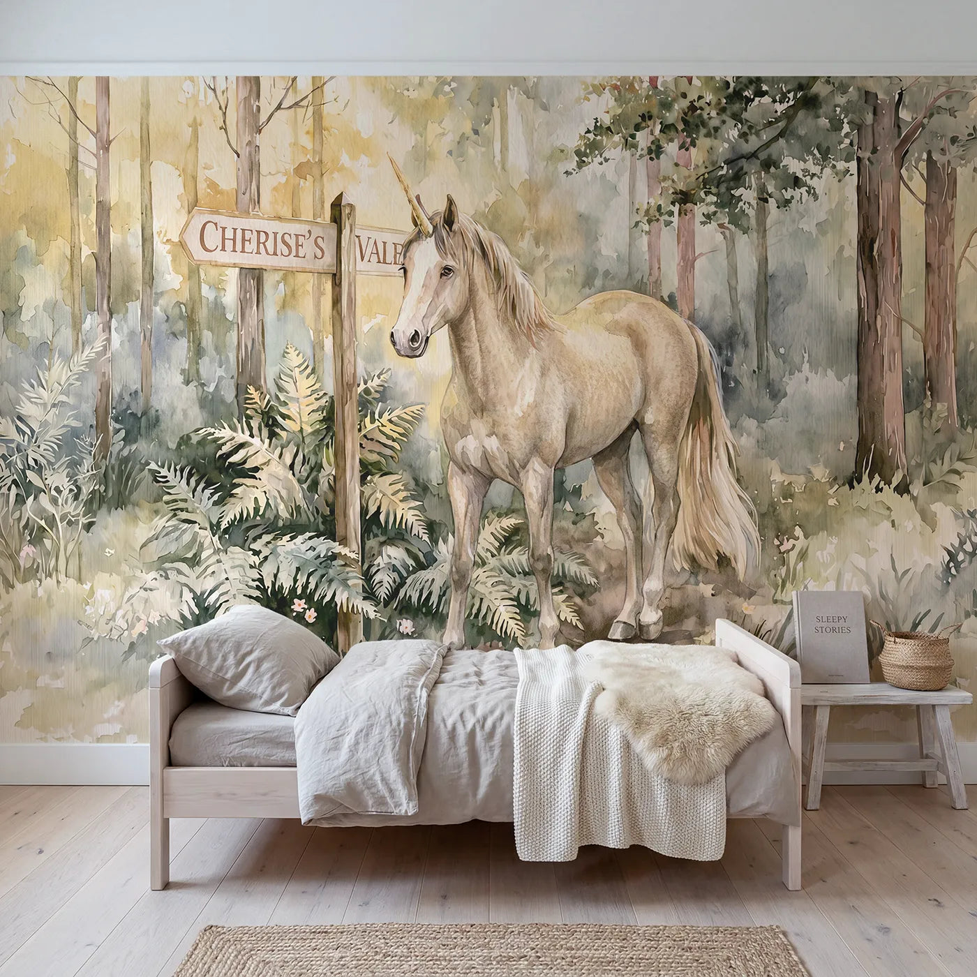 Watercolor enchanted unicorn personalized wall mural with name signpost for a bedroom by Whimsy Tots