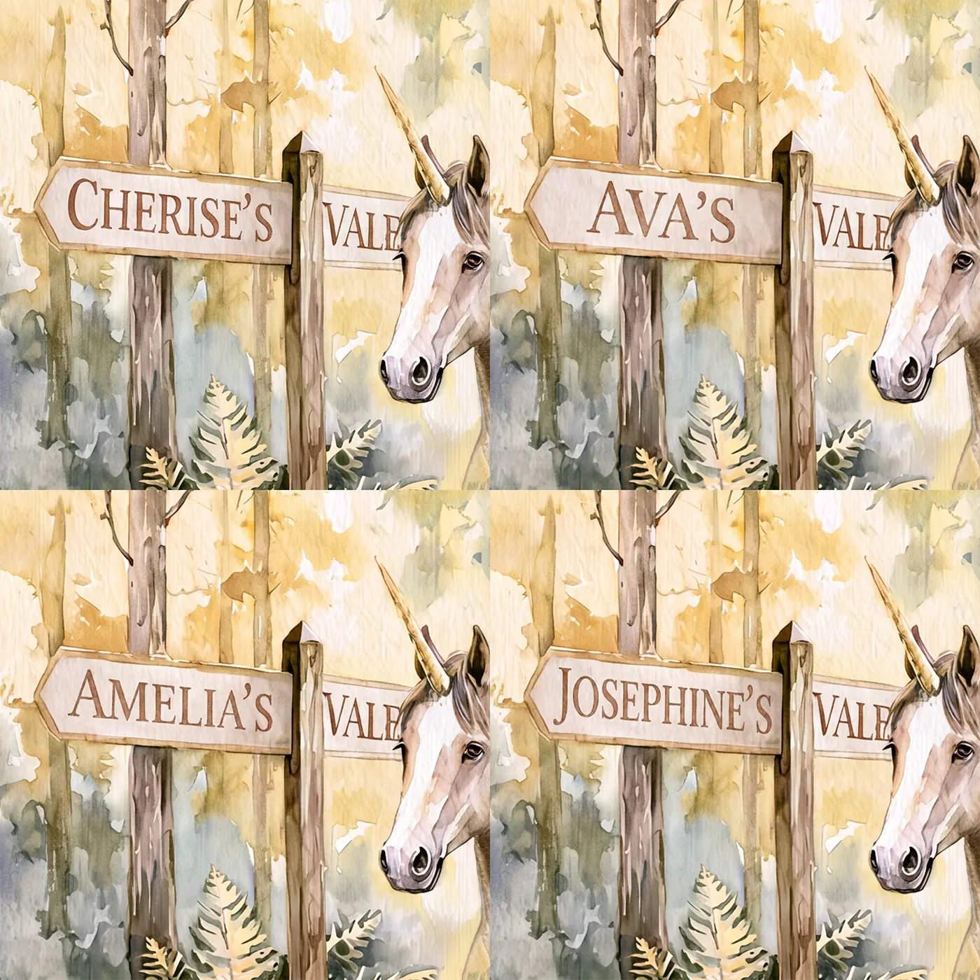 Four name preview examples of Enchanted Forest Unicorn Personalized Wall Mural by Whimsy Tots