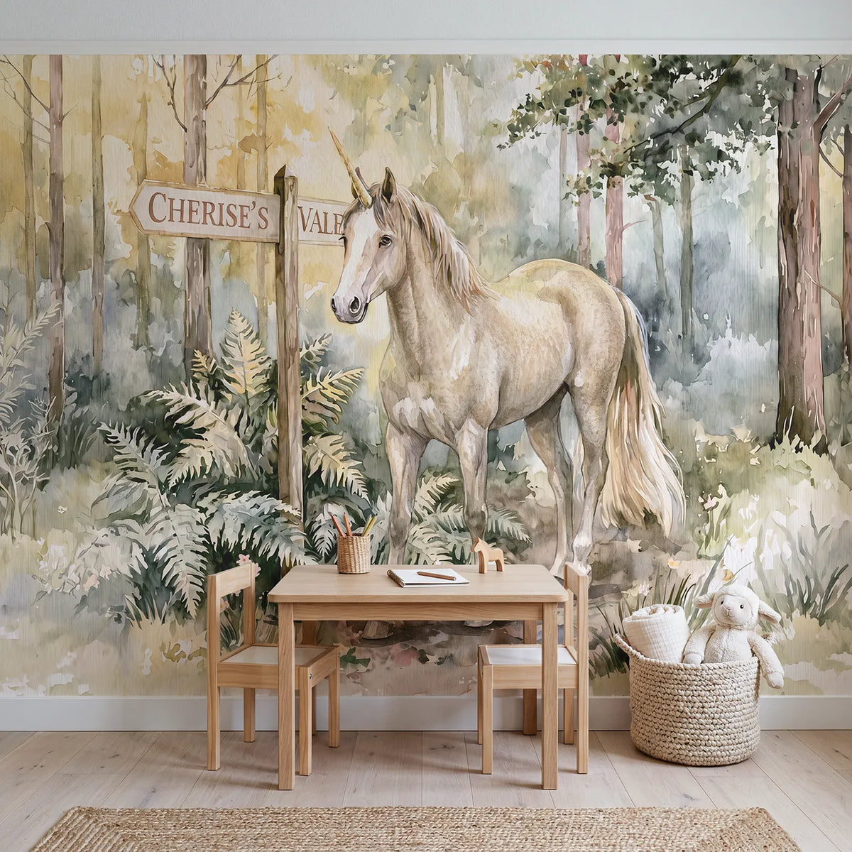 Enchanted Forest Unicorn Personalized Wall Mural in playroom setting by Whimsy Tots