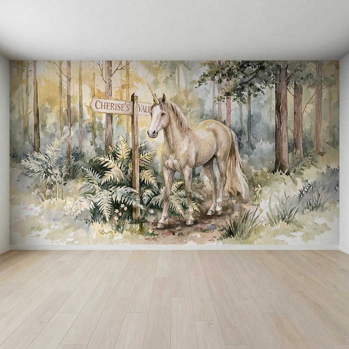 Full view of Enchanted Forest Unicorn Personalized Wall Mural by Whimsy Tots