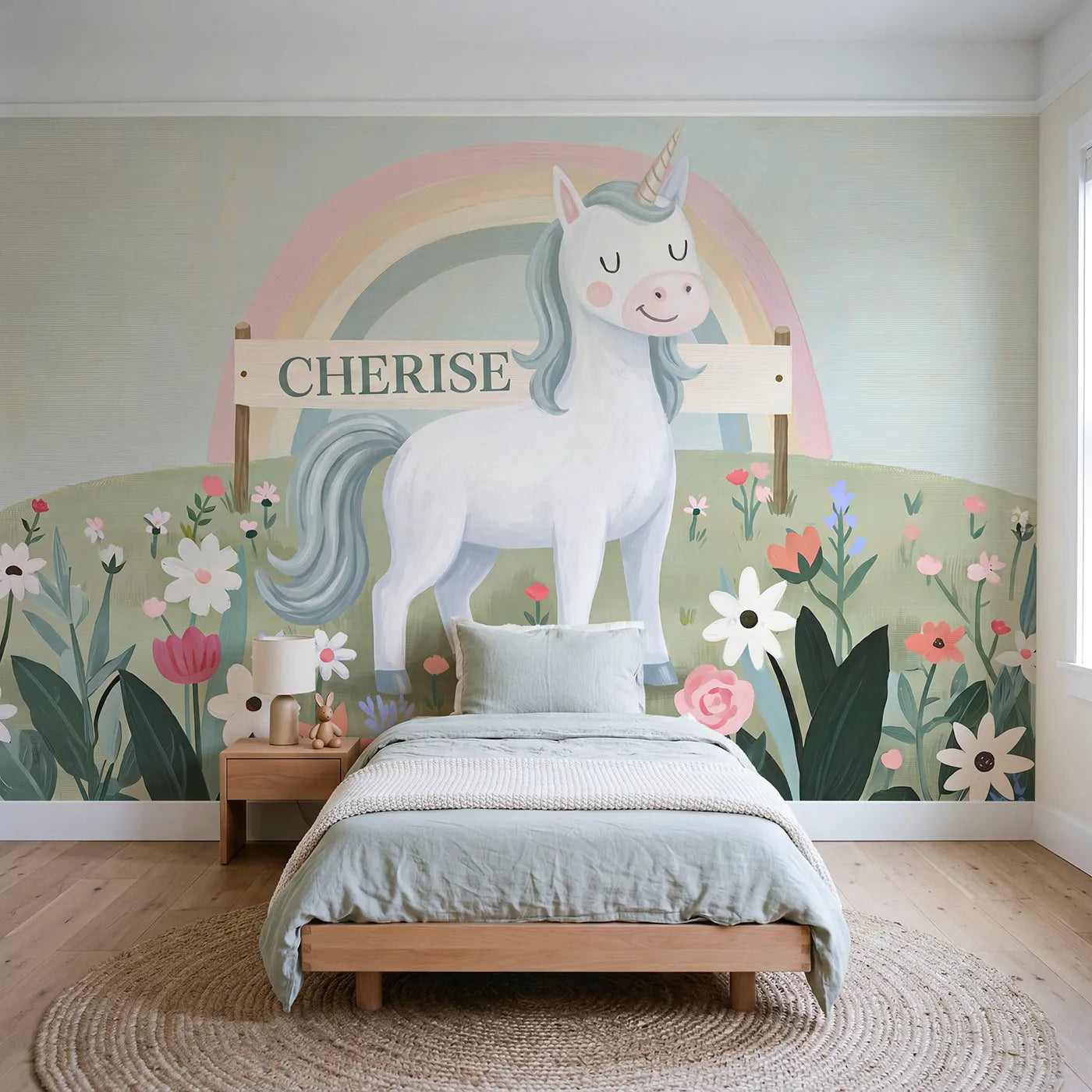 Modern Illustration rainbow unicorn personalized wall mural with name for a playroom by Whimsy Tots