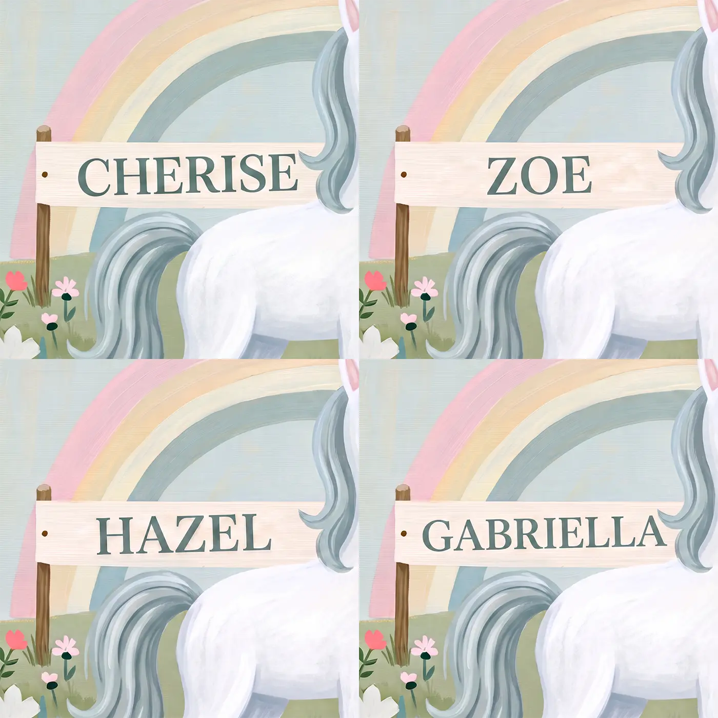 Four name preview examples of Rainbow Unicorn Sky Personalized Wall Mural by Whimsy Tots