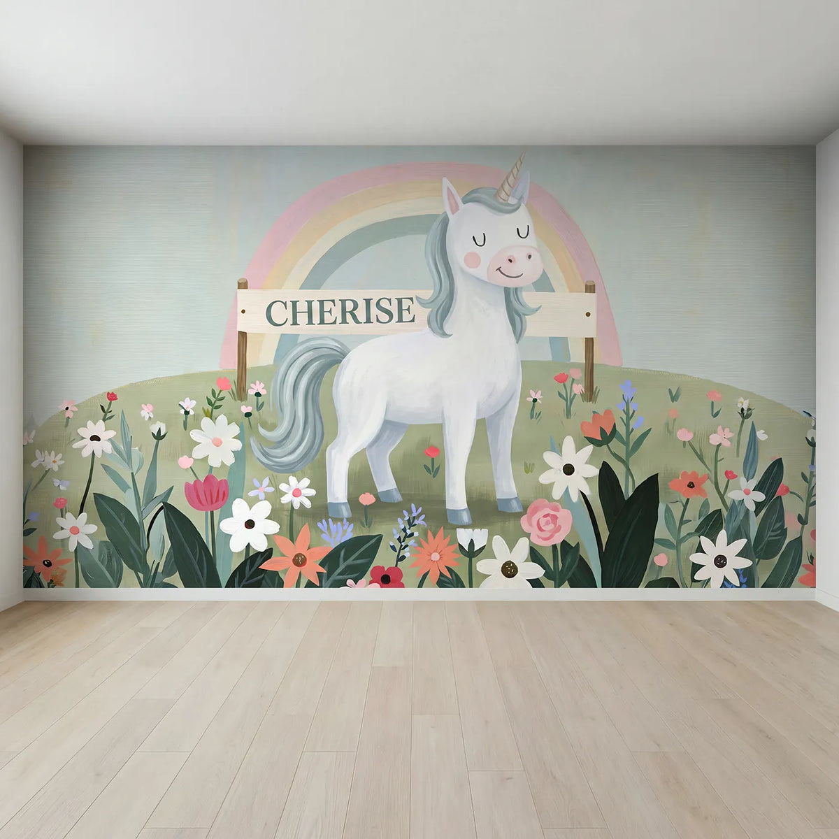 Full view of Rainbow Unicorn Sky Personalized Wall Mural by Whimsy Tots