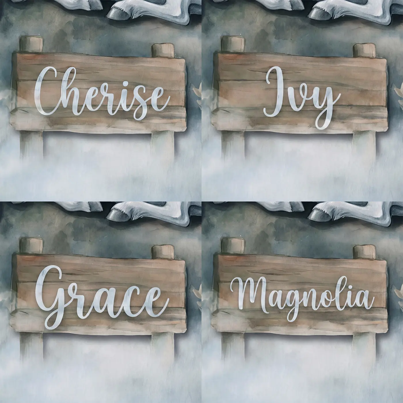 Four name preview examples of Sleeping Unicorn Stars Personalized Wall Mural by Whimsy Tots