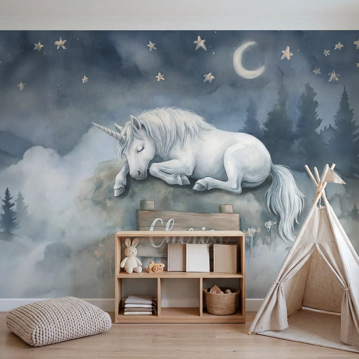 Sleeping Unicorn Stars Personalized Wall Mural in playroom setting by Whimsy Tots