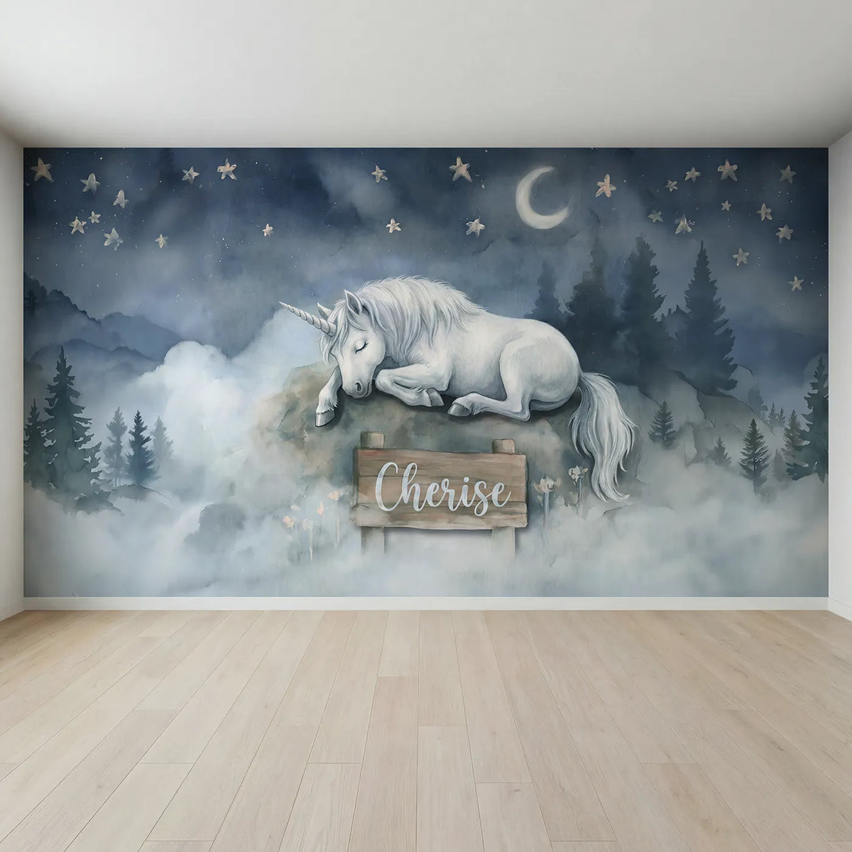Full view of Sleeping Unicorn Stars Personalized Wall Mural by Whimsy Tots