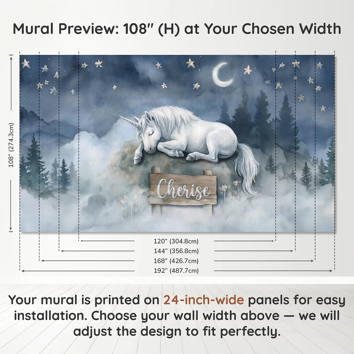 Panel layout and dimensions for Sleeping Unicorn Stars Personalized Wall Mural by Whimsy Tots