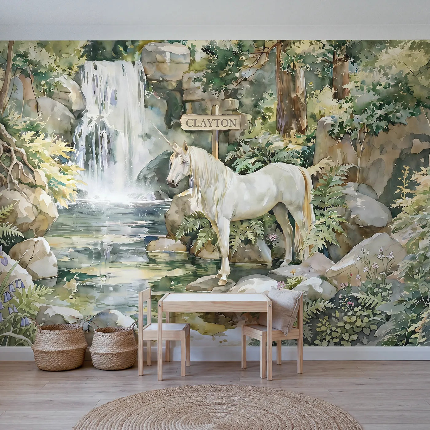 Watercolor unicorn by a waterfall with a name signpost, toddler room mural by Whimsy Tots