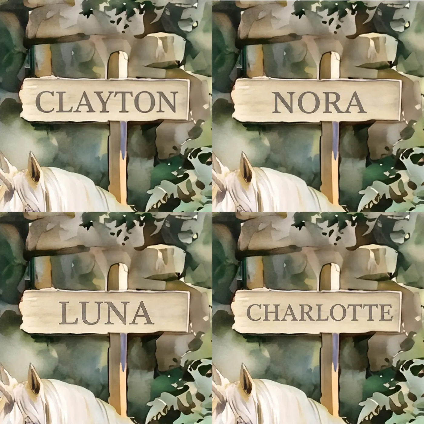Four name preview examples of Unicorn Waterfall Glade Personalized Wall Mural by Whimsy Tots