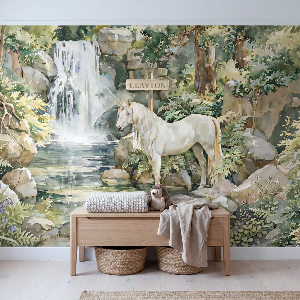 Unicorn Waterfall Glade Personalized Wall Mural in playroom setting by Whimsy Tots
