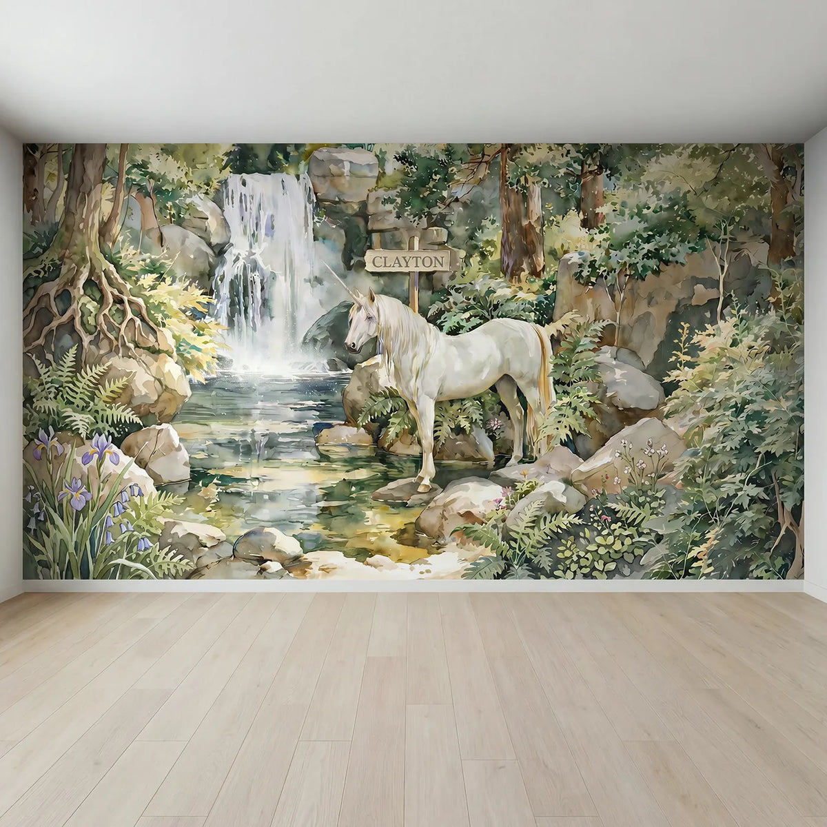 Full view of Unicorn Waterfall Glade Personalized Wall Mural by Whimsy Tots
