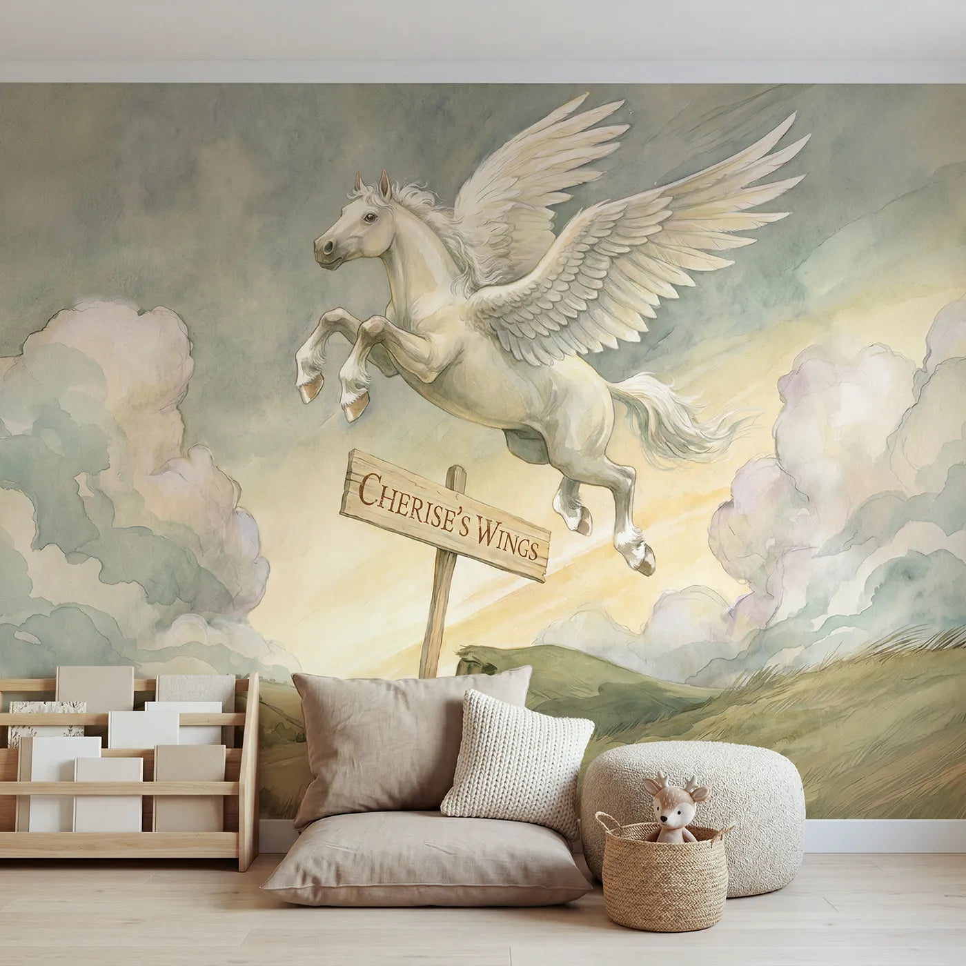 Storybook pegasus over green hills with a hilltop name sign, bedroom mural by Whimsy Tots