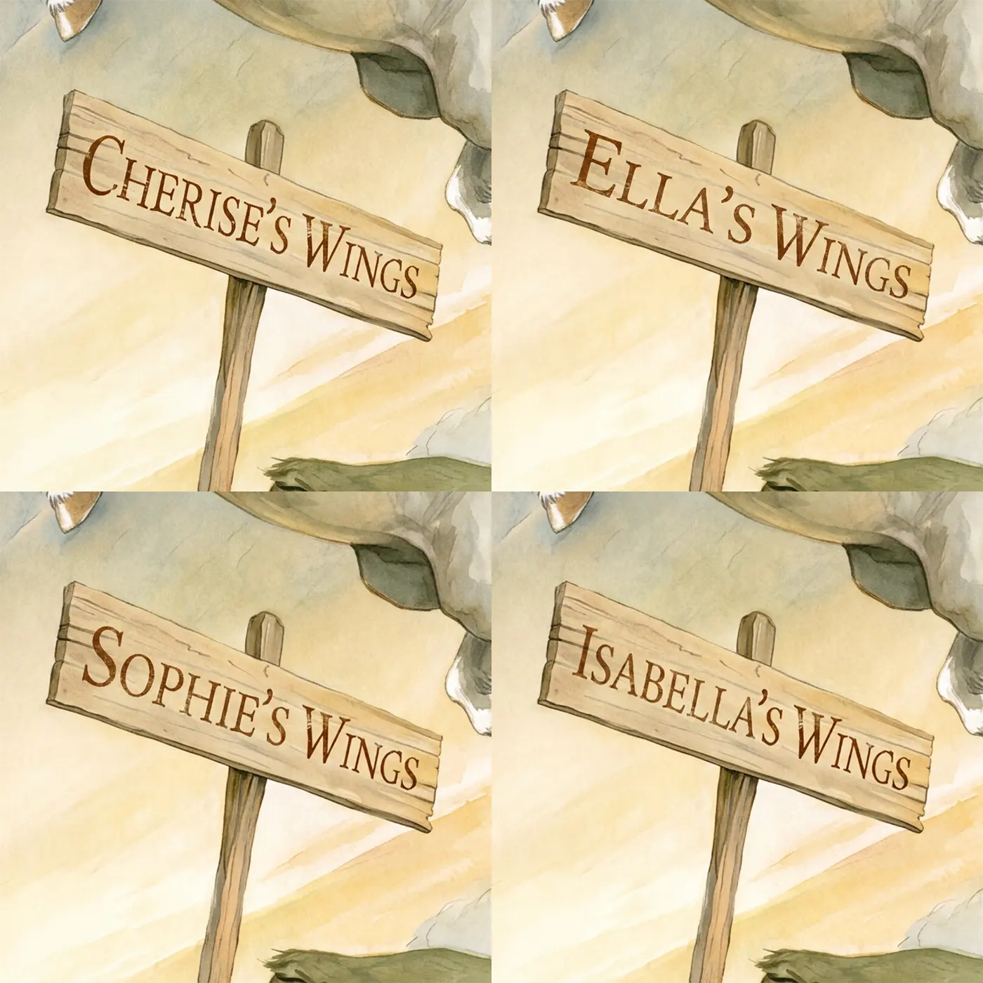 Four name preview examples of Gentle Pegasus Sky Personalized Wall Mural by Whimsy Tots