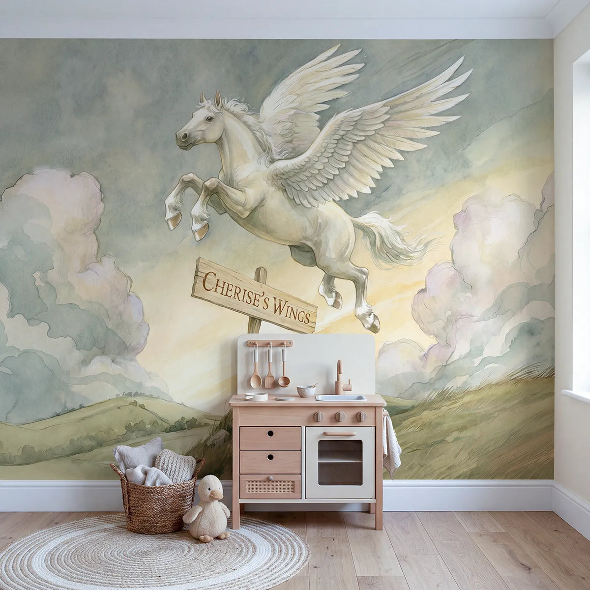 Gentle Pegasus Sky Personalized Wall Mural in playroom setting by Whimsy Tots