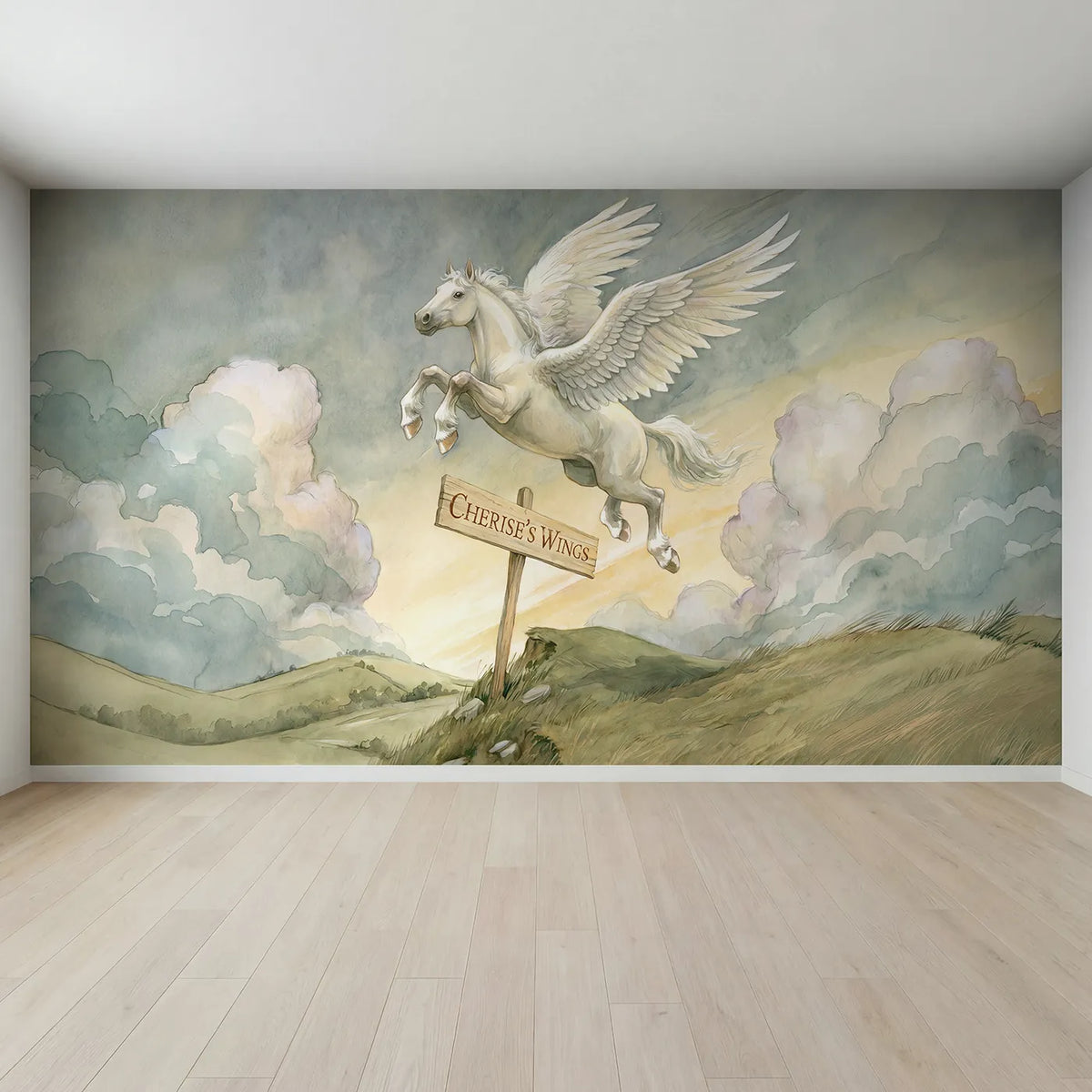 Full view of Gentle Pegasus Sky Personalized Wall Mural by Whimsy Tots